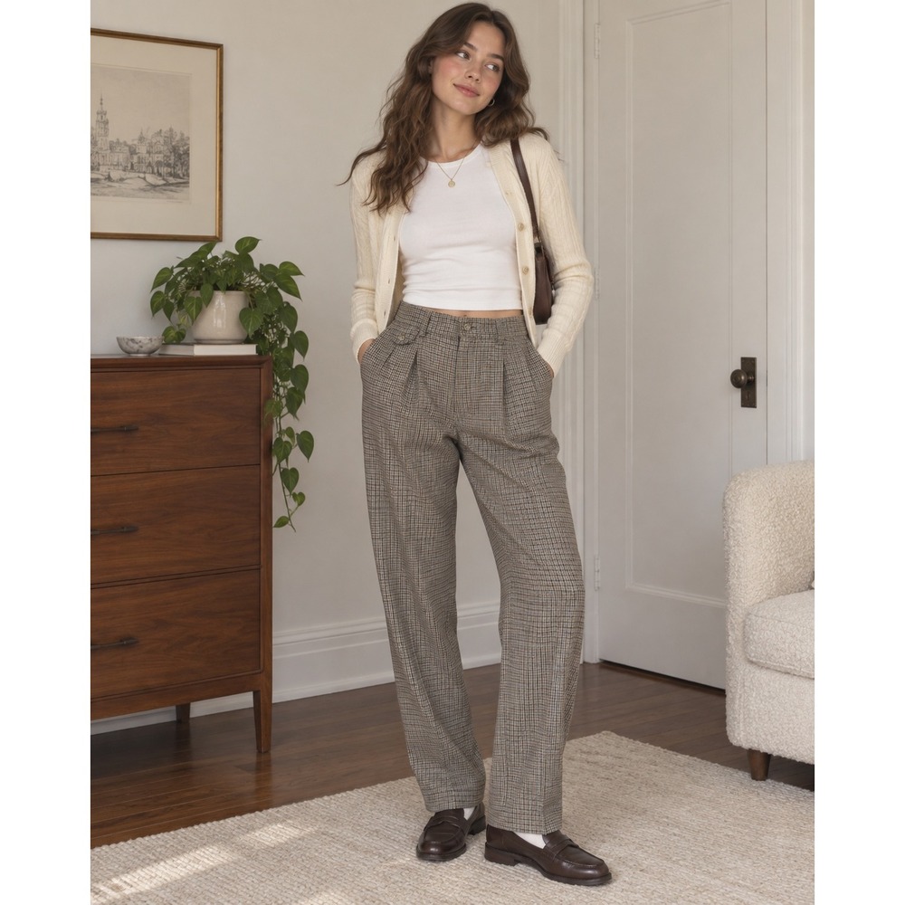 Vintage Lee Pleated Trousers Womens 14 Long Brown Blue Houndstooth Academia Y2K